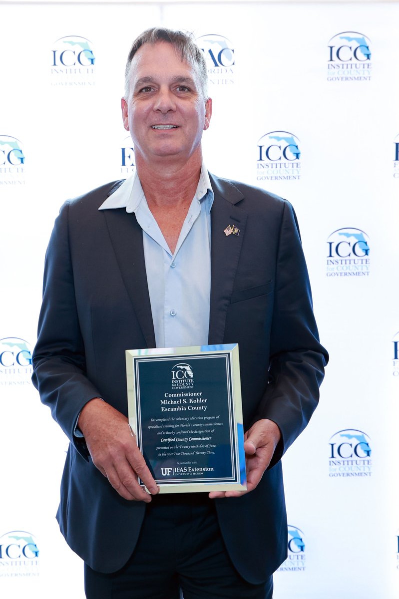 myescambia's tweet photo. 👏 Congratulations to District 2 Commissioner Mike Kohler, who was recently presented with the Certified County Commissioner designation from the Institute for County Government at the June FAC conference in Orange County.

👉 Read the full release here: https://t.co/NqncDLrTg9 https://t.co/fsgBJ9EHE9