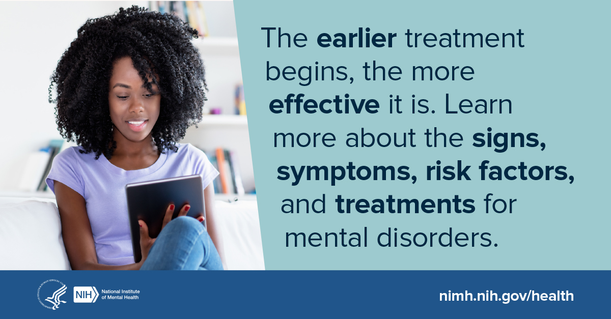 NIH_Innovates's tweet photo. Mental disorders are like medical conditions such as heart disease or diabetes. The earlier treatment begins, the more effective it is. Learn more about the signs, symptoms, risk factors, and treatments for mental disorders at: https://t.co/So98DXLpZ4
#minoritymentalhealthmonth https://t.co/wpVT2DsPwJ