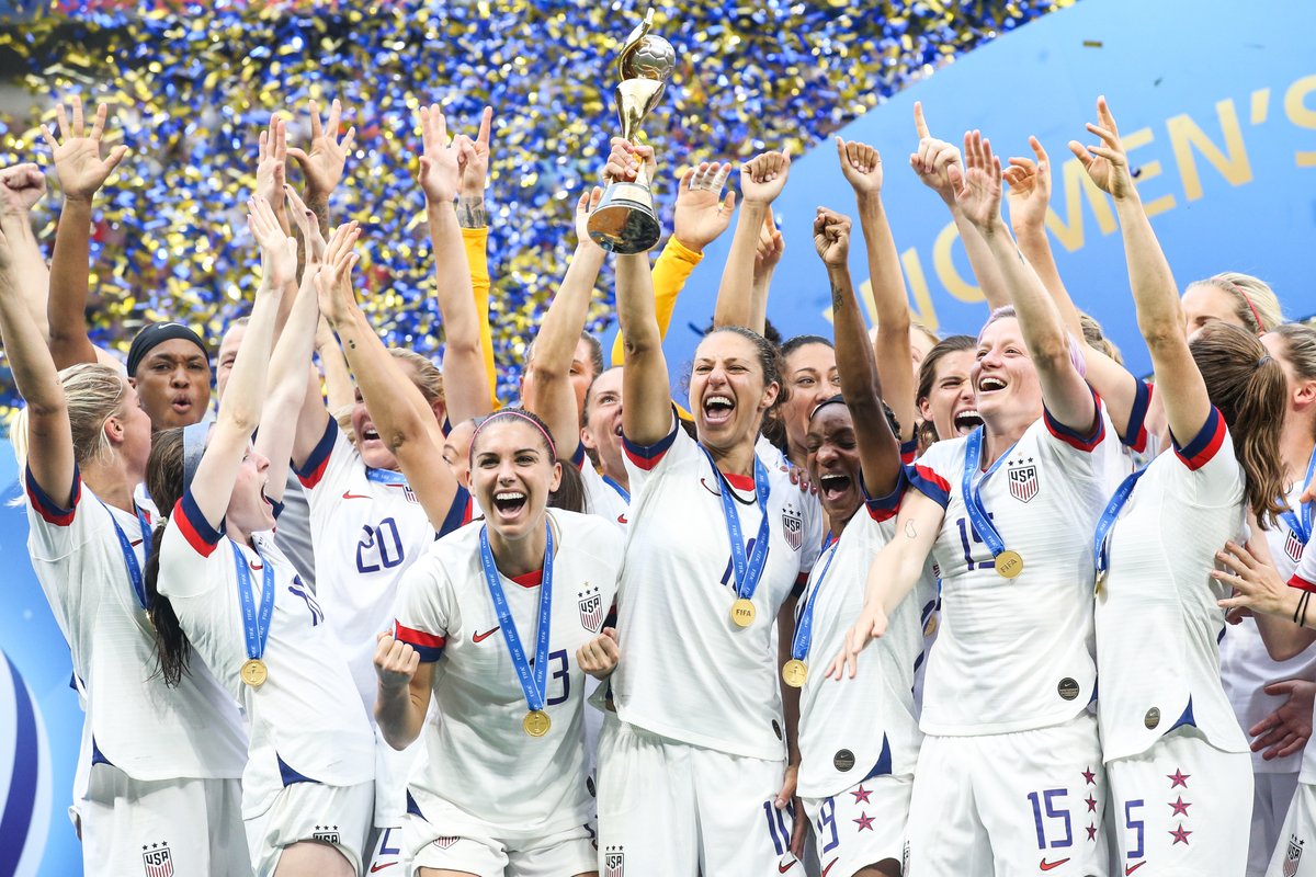 USWNT's tweet photo. 📆 #OTD in 2019:

@mPinoe and @roselavelle score to lift the #USWNT to a 2-0 victory over the Netherlands in the 2019 FIFA Women's World Cup Final ⭐️⭐️⭐️⭐️ https://t.co/DxIFCsdt34
