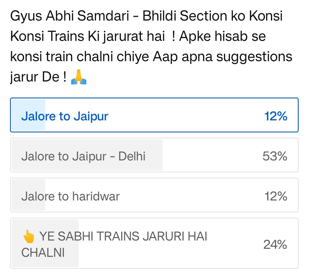 RailFanNWRByTK's tweet photo. Ye hai Samdari bhildi Section ki most important Demands ! 👇 Voting dekh sakte hai @Manish22_RF @Aadilkh10984147 @MKSRNEWS @Samdari_Bhildi https://t.co/wLbfztRXd2