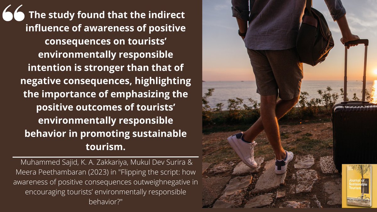 Out now in #JOST 👇

"Flipping the script: how awareness of positive consequences outweigh negative in encouraging #tourists’ #environmentally #responsible behavior?" 

By Muhammed Sajid, K. A. Zakkariya, Mukul Dev Surira &amp; Meera Peethambaran. 🔗tandfonline.com/doi/full/10.10…