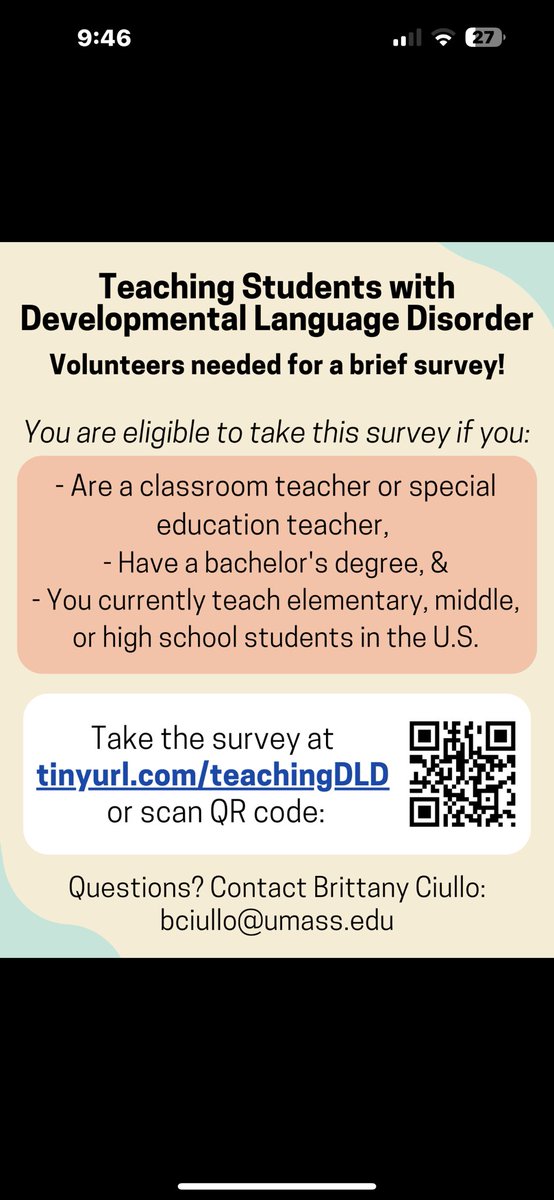 We have a survey for teachers! The survey will help us understand how teachers think about Developmental Language Disorder (DLD), accommodations they make within the classroom, and how SLPs can collaborate with teachers to improve student outcomes.