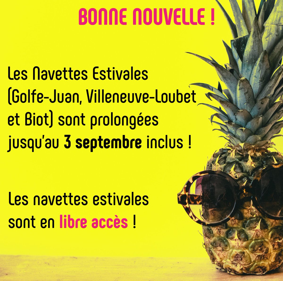 La navette estivale🚍 reprend du service du 8 juillet au 27 août.
Premier départ à 10h30 du village, dernier départ à 21h10 sauf les jeudis des Nocturnes (20 et 27 juillet ; 3, 10 et 17 août avec un dernier départ à 0h10).
ℹPlus d'informations : biot.fr/cadre-de-vie/l…