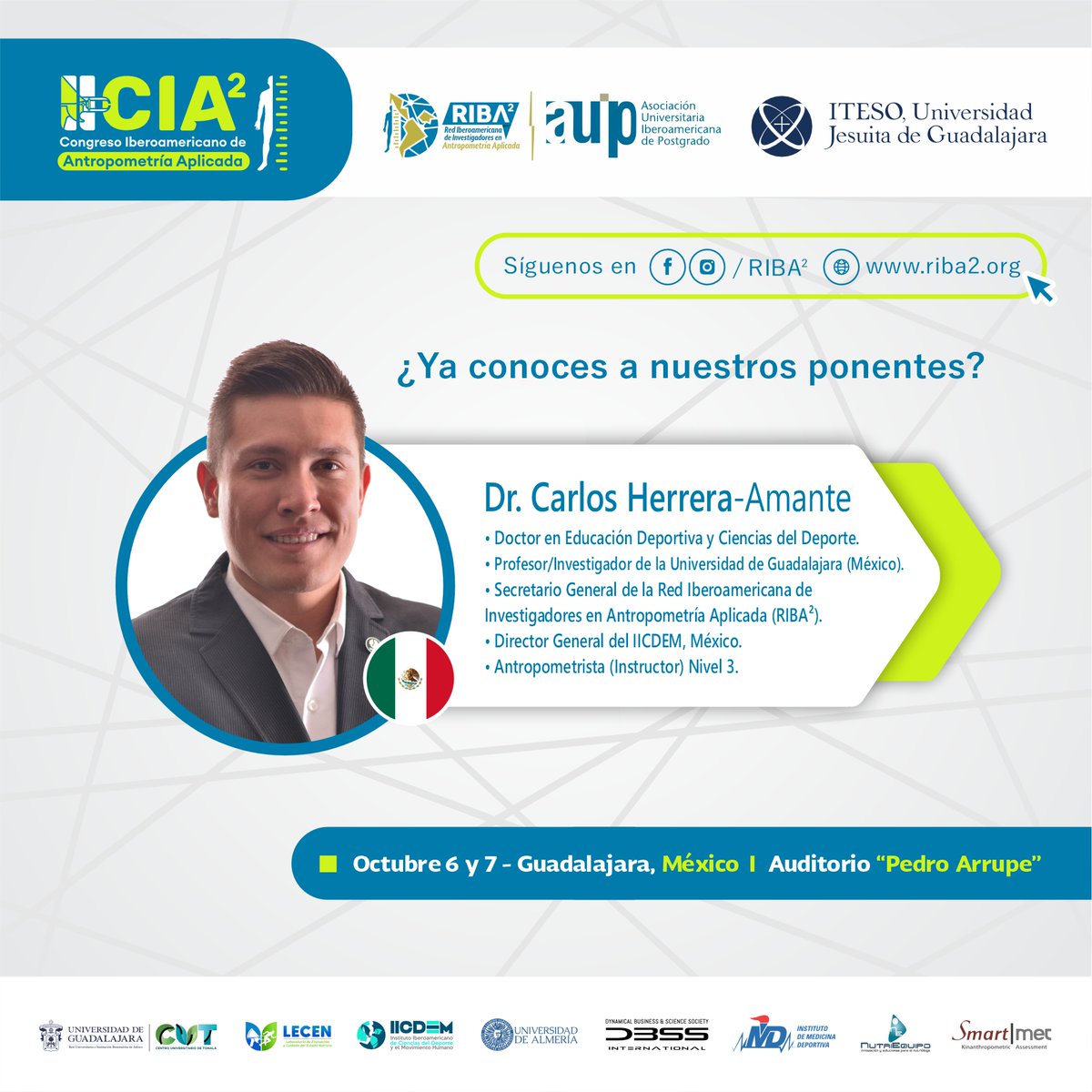 ¡Atención! Dr. <a href="/HerreraAmante/">Carlos Herrera</a>, secretario de la RIBA2, será ponente en el #CIA2. En su conferencia hablará sobre la relación entre la masa libre de grasa y el gasto energético del ejercicio. ¡Regístrate ahora en riba2.org y no te pierdas este gran evento! <a href="/ITESO/">ITESO</a>