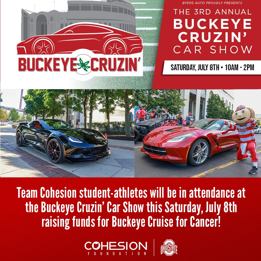 cohesionohio's tweet photo. Join @cohesionohio student-athletes and @BuckeyeCruise this Saturday, July 8th for the Buckeye Cruzin’ presented by @byersauto. #ALLinOSU #BC4C https://t.co/hjkoilnZDZ