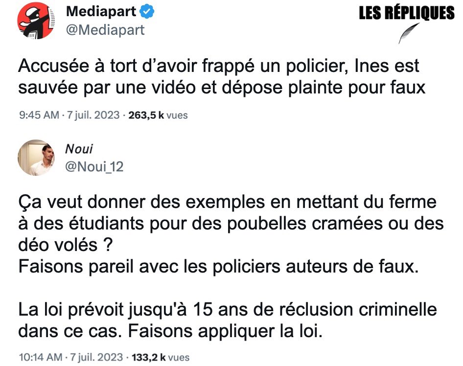 Les_Repliques's tweet photo. Inès une jeune femme de 21 ans s’est retrouvée accusée par un policier de lui avoir asséné des « coups de poing » après avoir été interpellée à Nanterre mais une vidéo relayée sur les réseaux prouve que le fonctionnaire a menti

@Noui_12 https://t.co/pQrZRwmhEo