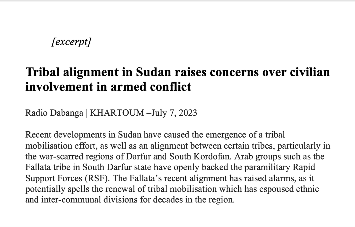 sudanreeves's tweet photo. The grimmest future for #Sudan is one that sees civilians fighting along ethnic/tribal lines—precisely what Radio #Dabanga reports on today. The war begun in Khartoum by two power-hungry, ruthless generals is now metastasizing. The #Fallata alliance with the #RSF augurs too much. https://t.co/i6Sxq0LNSu
