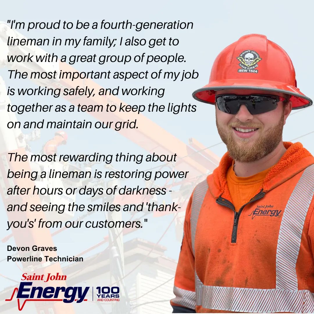 SJEnergy's tweet photo. National Lineworker Appreciation Day is July 10, 2023. As we gear up to celebrate our team, we will be introducing a few of the Powerline Technicians who keep the lights on in our community. Devon Graves joined our SJE Team in 2019 - thank you Devon, for all you do! https://t.co/IPnOjYpNMV