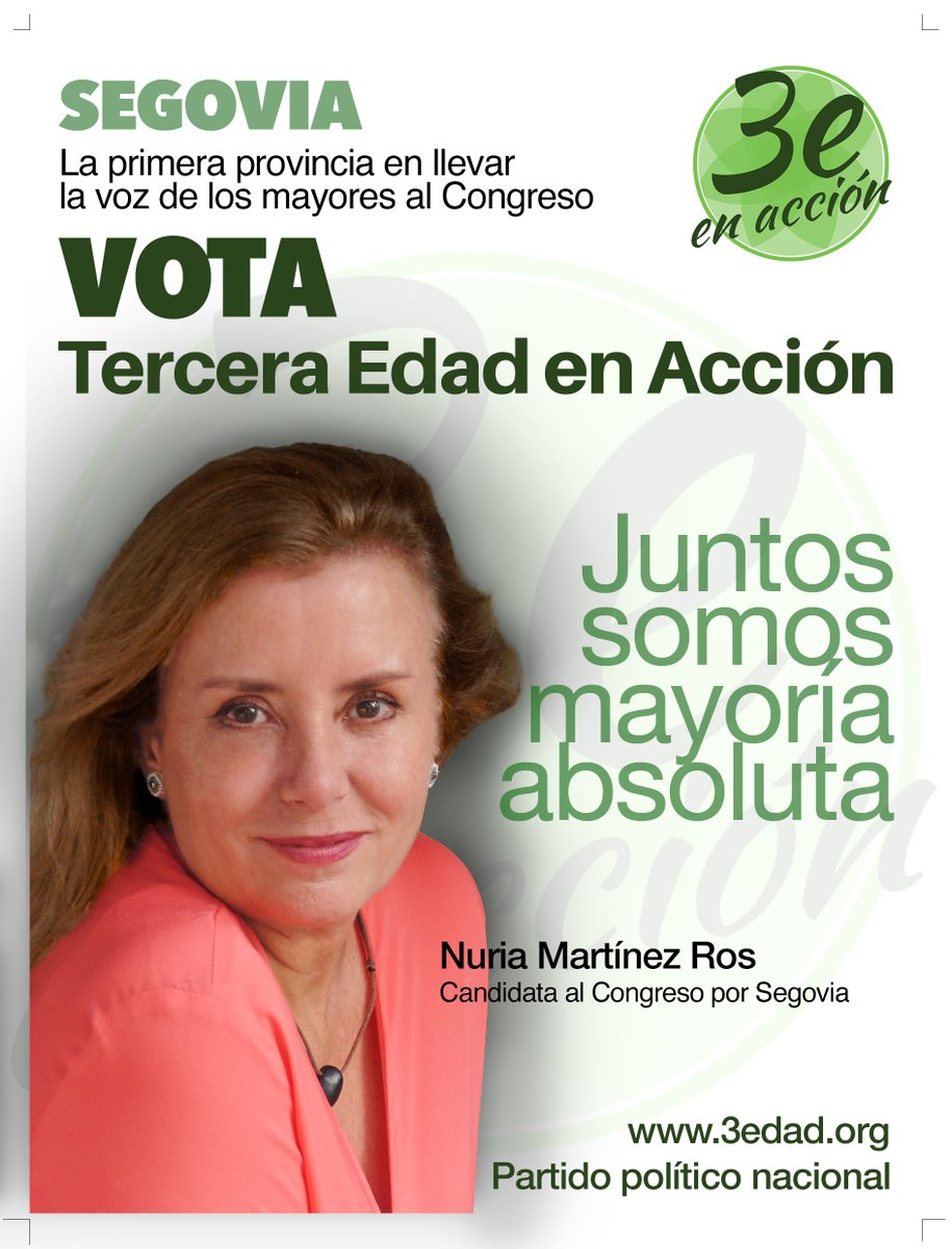 3edadenAccion's tweet photo. 📢Presentamos el folleto de la candidatura en Segovia, liderada por nuestra  presidenta, Nuria Martínez Ros.
Únete a nosotros y descubre como juntos podemos lograr un futuro brillante y justo para todos 💪 #VotaTerceraEdadEnAcción #AcciónParaTodos #PartidoEnAcción #23J https://t.co/jJ7w27uycV