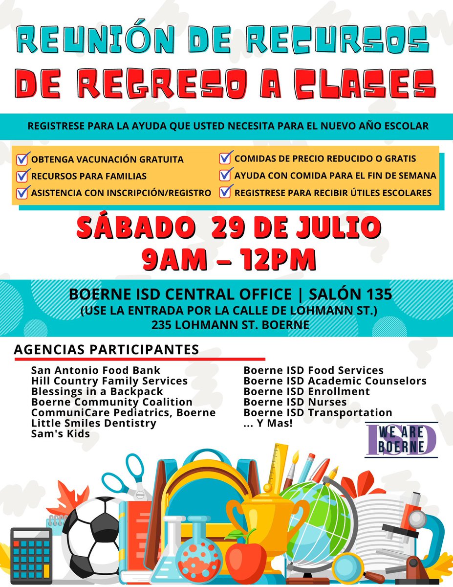 BoerneISD's tweet photo. ‼️ Boerne ISD has partnered with several local nonprofits to host the 2023 Back to School Resource Rally aimed at supporting Boerne's most vulnerable students.
 
The 4th annual event is scheduled for Saturday, July 29th from 9am-12pm at the Boerne ISD Training Center. https://t.co/VWVUmQMRyR