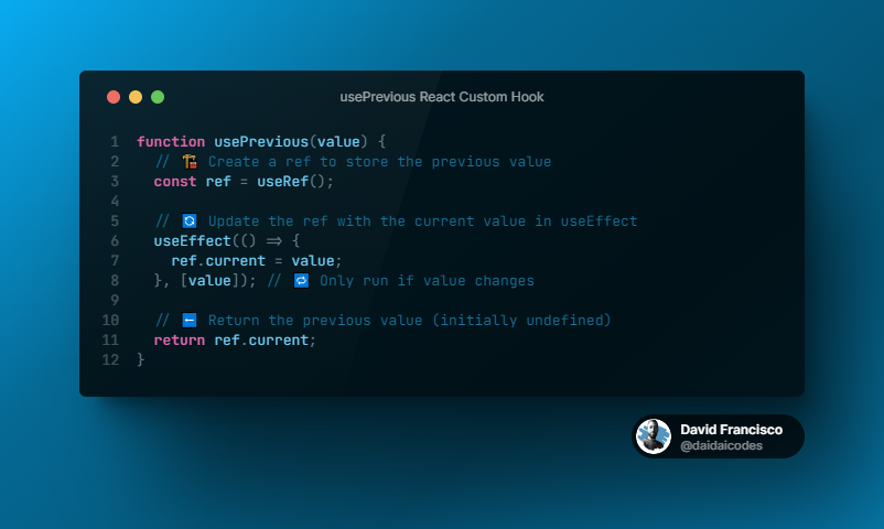 daidaicodes's tweet photo. ๐ฃ React Custom Hooks Series: usePrevious ๐ฃ
The usePrevious custom hook is a way to access the previous value of a state or prop in a functional component.
#ReactJS #CustomHooks #juniordev #usePrevious #reactjsdevelopers #100DaysOfCode #reactnative #javascript #webdev https://t.co/vj3kl9YKSX