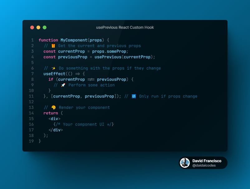 daidaicodes's tweet photo. ๐ฃ React Custom Hooks Series: usePrevious ๐ฃ
The usePrevious custom hook is a way to access the previous value of a state or prop in a functional component.
#ReactJS #CustomHooks #juniordev #usePrevious #reactjsdevelopers #100DaysOfCode #reactnative #javascript #webdev https://t.co/vj3kl9YKSX