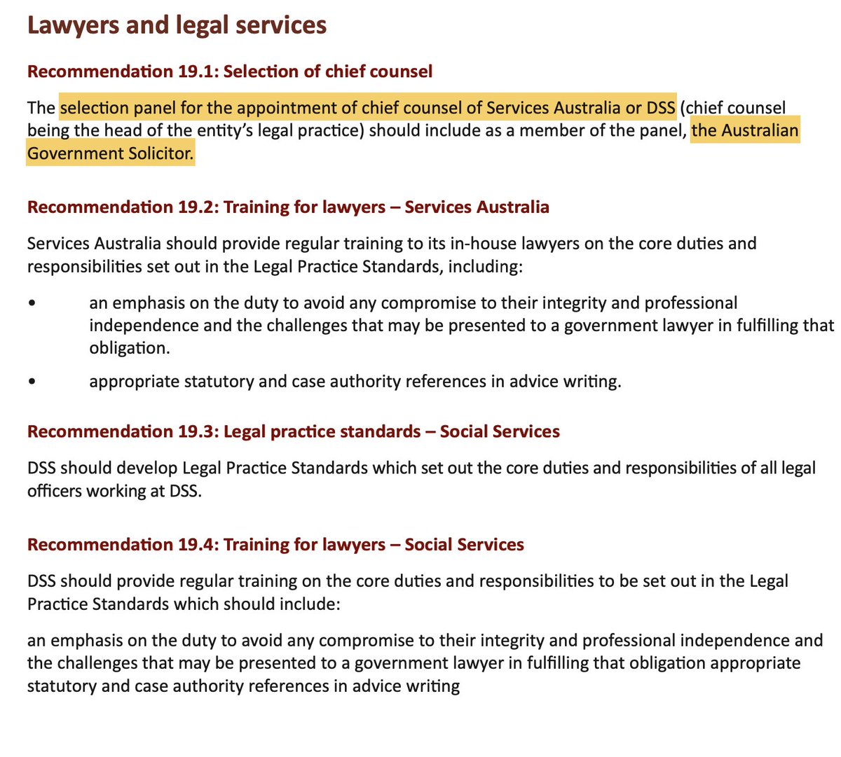 Coadem's tweet image. Re #robdebt recommendations for the in-house legal counsel of Services Australia and DSS: The fact Holmes says they need regular training about core duties and responsibilities outlined in the Legal Practice Standards is eye-watering. WTF standard are we working from now?