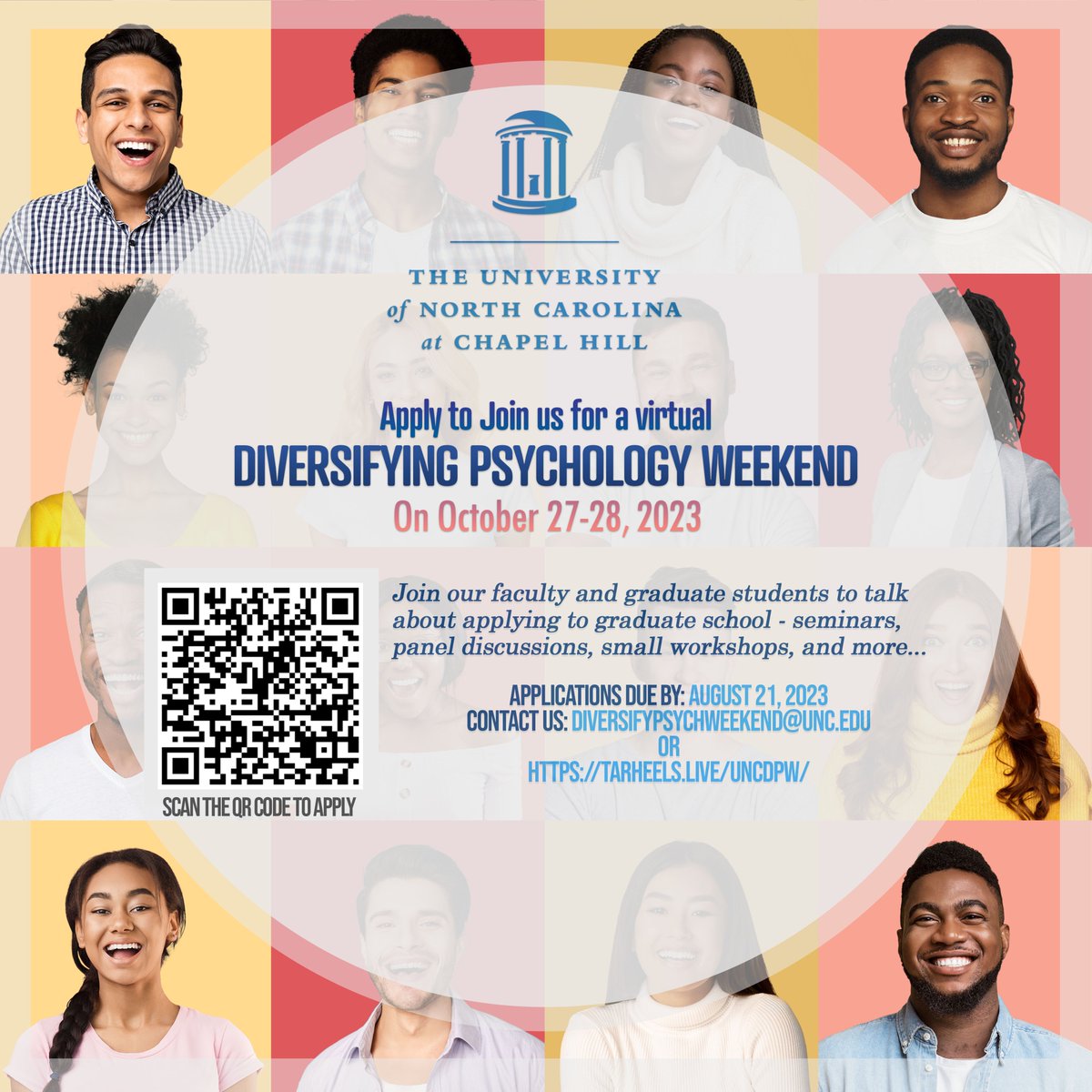 Apply now! The UNC Diversifying Psychology Weekend (DPW) is an opportunity for talented ethnic/racial minority undergraduates and college graduates invested in pursuing doctoral-level training in psychology and neuroscience. psychology.unc.edu/diversifying-p…