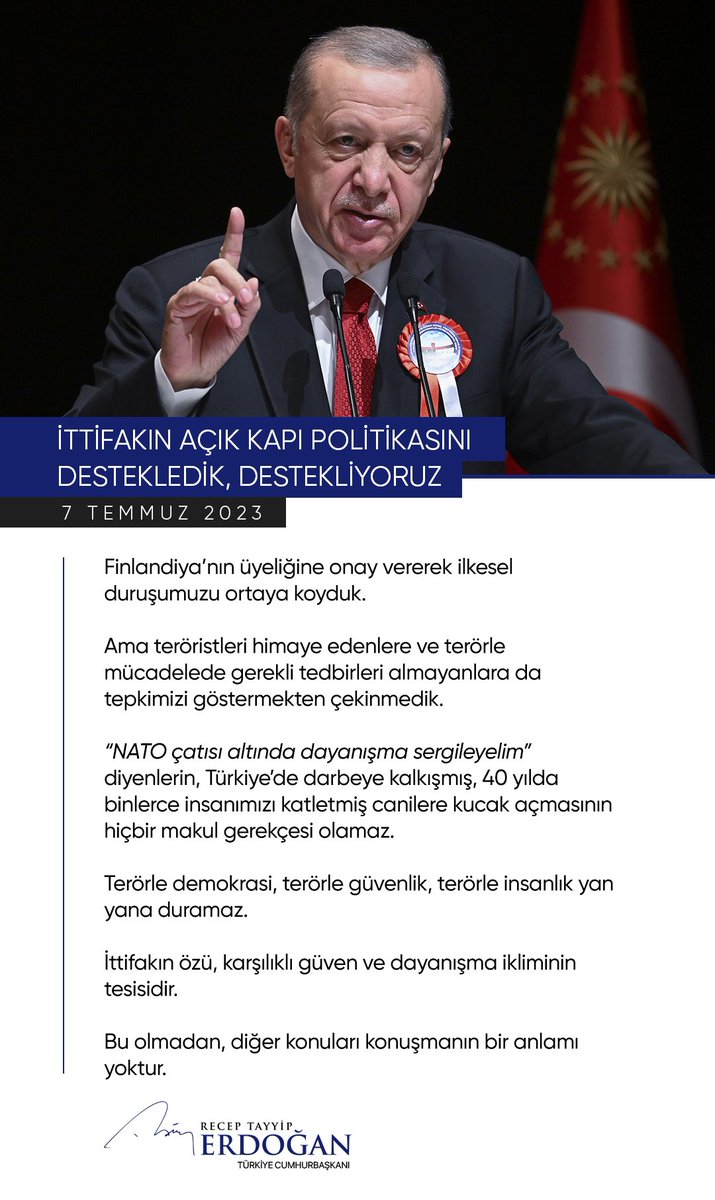 tcbestepe's tweet photo. Cumhurbaşkanımız @RTErdogan: “Başta terörizmle kararlı mücadele olmak üzere İttifak’ın temel değerlerine sadakat gösterecek herkesi bağrımıza basmaya hazırız.” https://t.co/BnQfPhUyHr