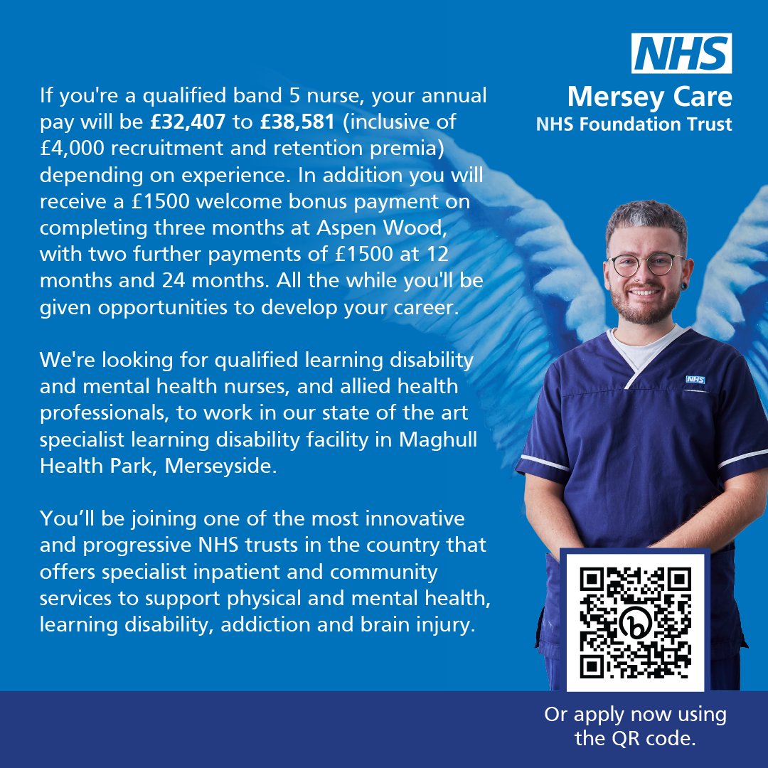 We’re recruiting for Aspen Wood, our new #LearningDisability facility, join us online to find out more 💙

If you're a qualified band 5 #Nurse, you'll start on £32,407 (includes #Recruitment and retention premia) and receive a welcome bonus ⬇

bit.ly/aspen-wood-onl…

#NHS75