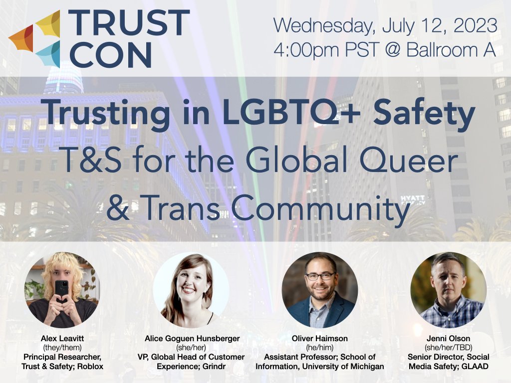 oliverhaimson's tweet photo. In this current social media dumpster fire climate, we need to talk about how to keep trans &amp; queer communities safe 🏳️‍⚧️🌈 I'll be at #TrustCon next week, on this panel about LGBTQ+ online safety organized by @alexleavitt and featuring @JenniOlsonSF and Alice Goguen Hunsberger! https://t.co/e4isNSNEP5