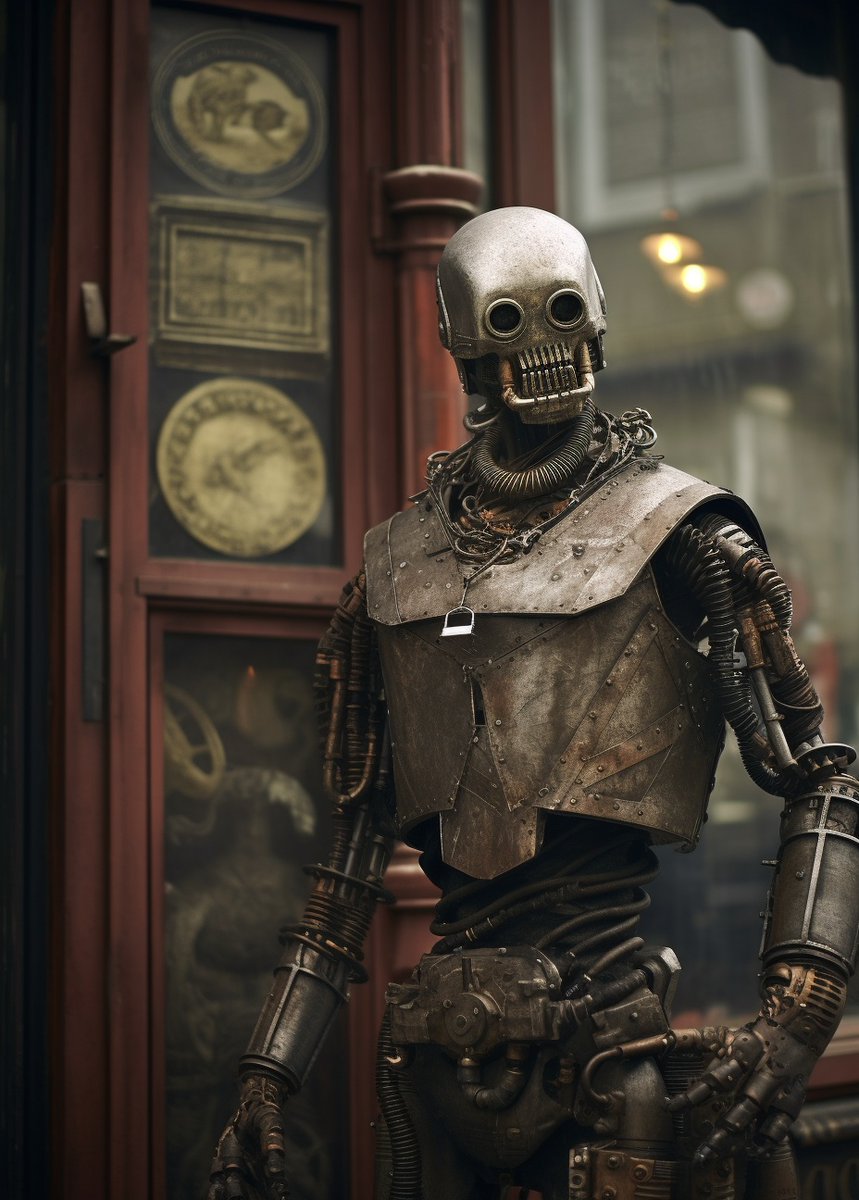 cesar20984's tweet photo. A skeletal robotic figure in a metal suit stands by a sign on a side street. Distressed materials, trad goth & prairiecore vibes. 📷 Annie Leibovitz. #midjourney #AIArtworks #SkeletonRobot #GothStyle.
👉 #Prompt in Alt. https://t.co/y5amDHn00v