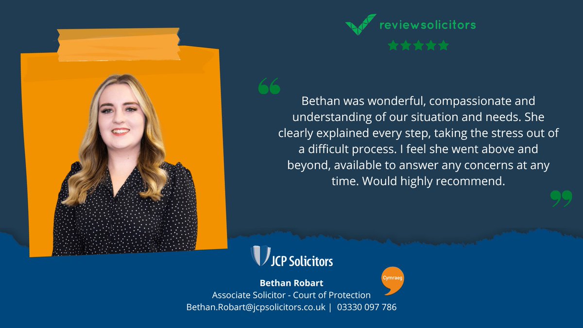 jcpsolicitors's tweet photo. 🌟 Solicitor Bethan Robart received this wonderful review from a client via @ReviewSolicitor.

If you would like to talk to us about our Court of Protection services, you can contact us here 👇

���� 03330 097 786
📧 law@jcpsolicitors.co.uk
💻 24/7 web chat: https://t.co/VVoQrsb4Z0 https://t.co/DqXTeZ6u71