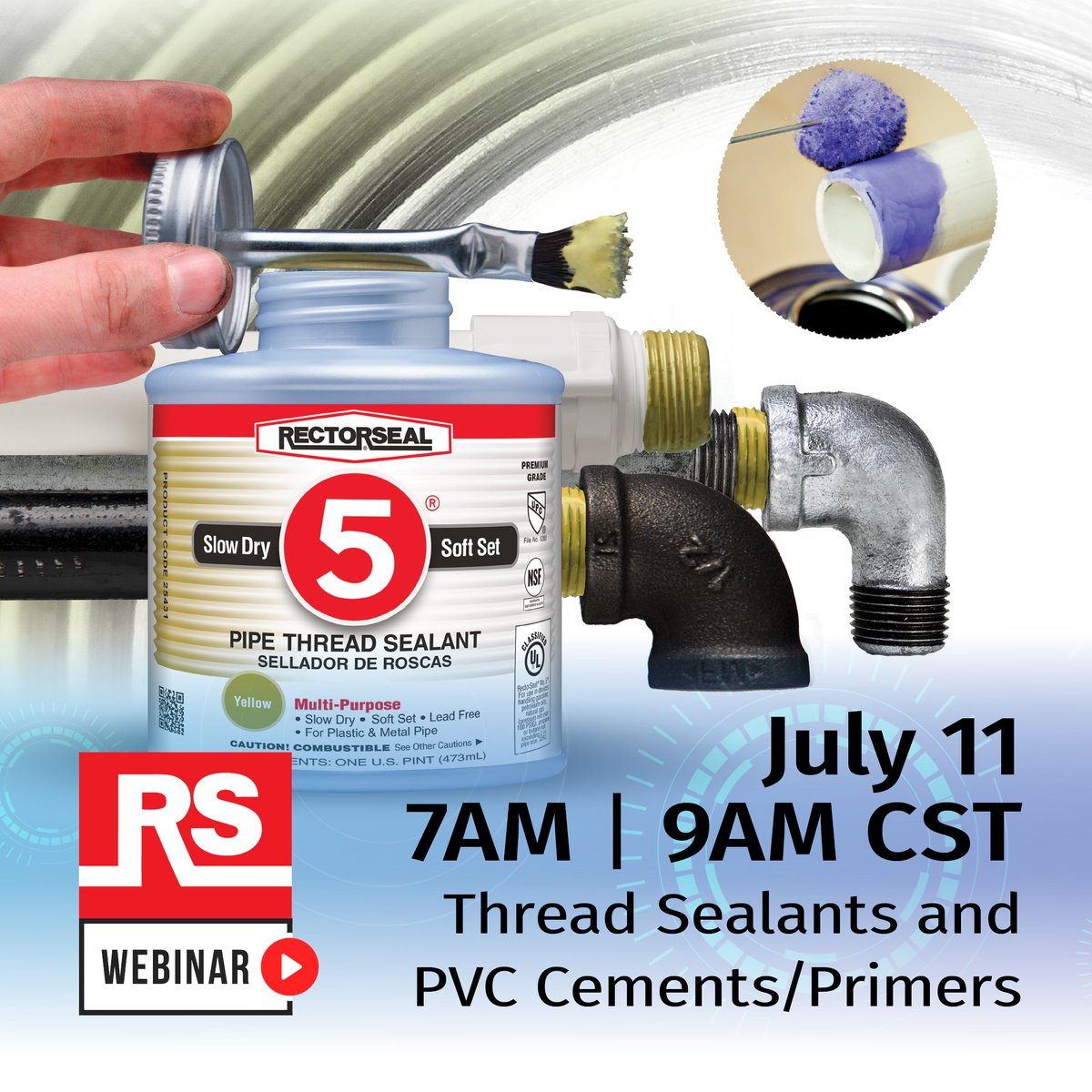 RectorSeal's tweet photo. Never use the wrong thread sealants and PVC cements again. We will properly demonstrate specific primers and cleaners for supporting leak-proof installations in this webinar. Register today >> https://t.co/r76DBVeyGp << #RectorSealToTheRescue #plumbing #threadsealants https://t.co/JwlUYTdARO
