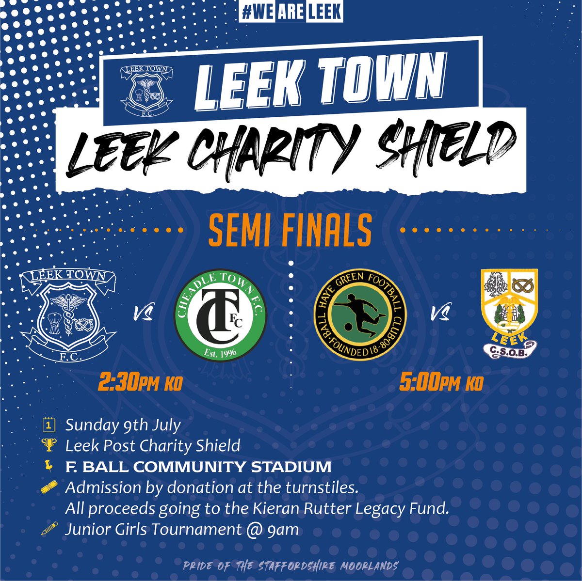 What a day we have in store for you on Sunday

Junior tournament &amp; two semi-finals as 4 of our Staffordshire Moorlands teams do battle in the Leek Charity Shield

Gate proceeds to the Kieran Rutter Legacy Fund

Bar 🍻 &amp; Refreshments 🍔🍿available all day