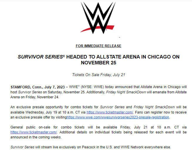 WWE Announces Survivor Series 2023 and Go-Home SmackDown Details