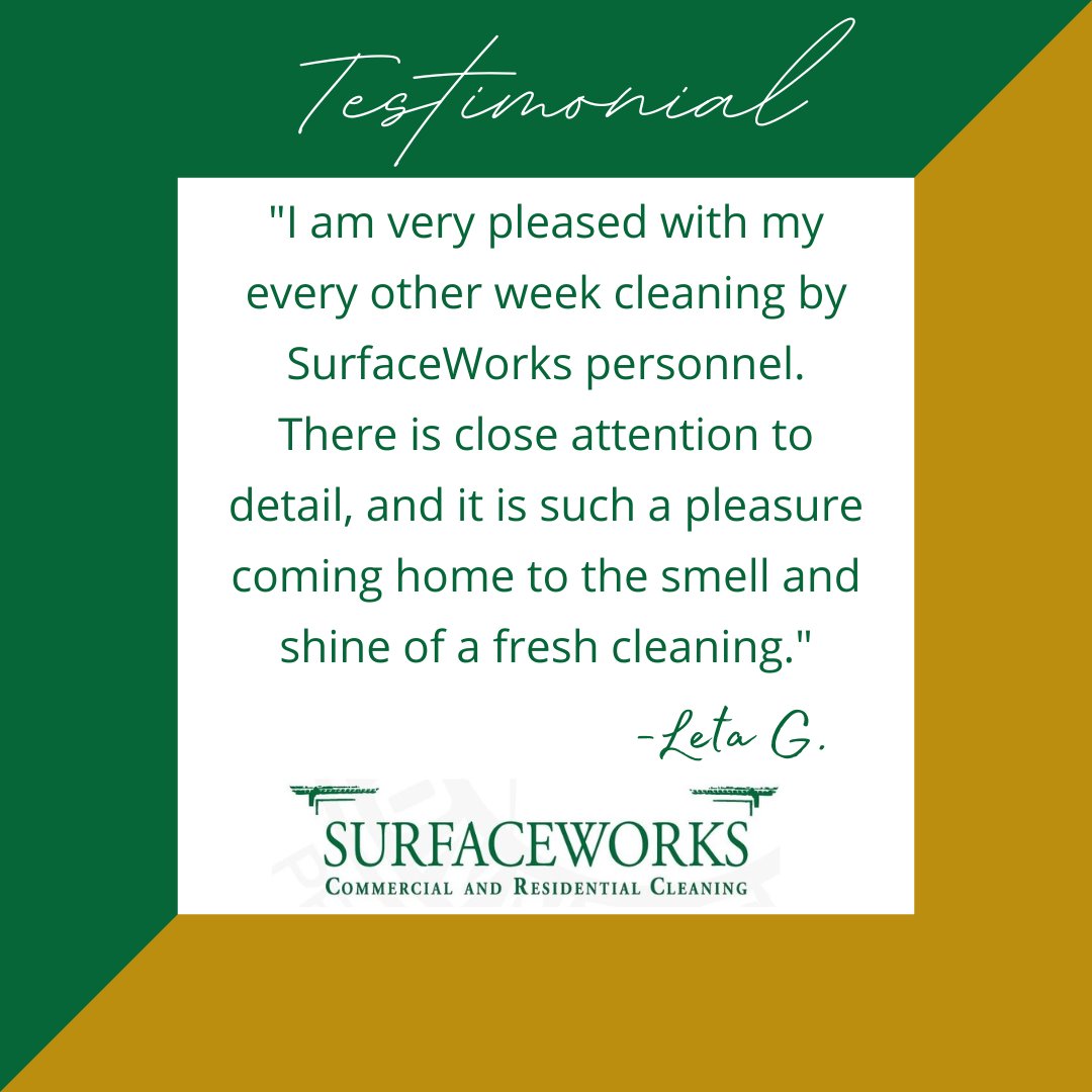 SurfaceworksMA's tweet photo. "I am very pleased with my every other week cleaning by SurfaceWorks personnel. There is close attention to detail, and it is such a pleasure coming home to the smell and shine of a fresh cleaning." 🌿

- Leta G.
🌟🌟🌟🌟🌟

Contact us for a free quote!

#Surfaceworks https://t.co/kxuuFDFz9R