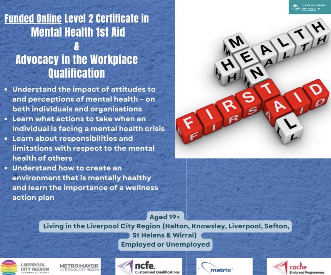 ClearSolutions2's tweet image. Our funding for online quals runs out in July!

Please ask your management to grab this opportunity- Maybe they would like qualified Mental health first aiders?

Please share 👏

clearsolutions-training.co.uk/contact/
