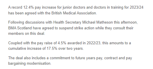 🚨Breaking: Junior doctors in Scotland win major pay deal from Scottish Government - equivalent to 17.5% over two years. BMA has suspended its strike action to consult members on the deal: