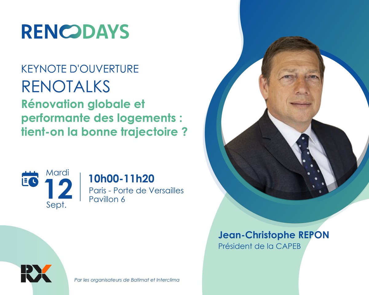 📅La #CAPEB sera présente aux #RenoDays, le forum de la #rénovation globale et performante des logements, du 12 au 13 septembre à Paris.
<a href="/reponcapeb/">Jean-Christophe Repon</a> interviendra lors de la conférence d’ouverture "Rénovation globale et performante des logements : tient-on la bonne trajectoire ?"