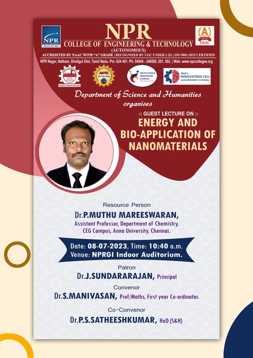 nprinstitutions's tweet photo. Guest lecture on Energy and Bio-Applications of Nanomaterials
#nprgi #nprcollege #nprnatham #npr #nprcet #scienceandhumanities #guestlecture #energy #bio-applications https://t.co/PchnPangVR