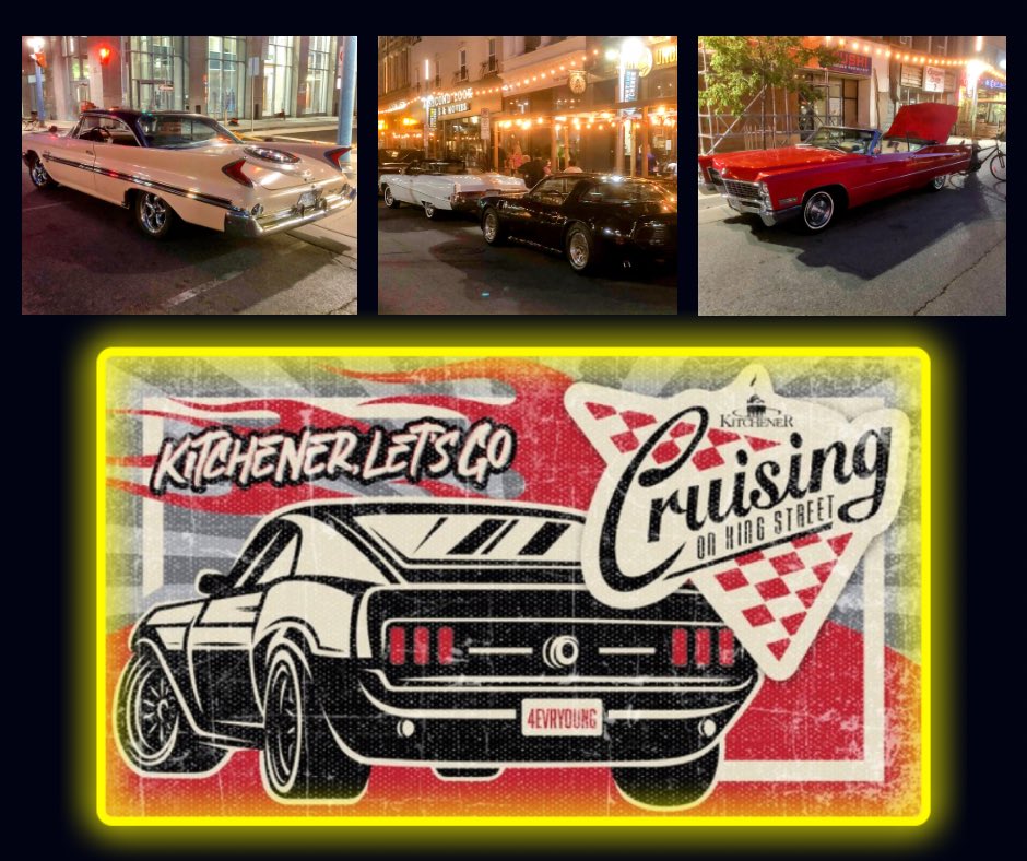 Remember heading Downtown @cityofkitchener to watch all the cool cars cruising down King St? Tonight is #CruisingOnKing. Classic & vintage cars will be parked on King between Francis & Frederick from 6-10pm. There’s live entertainment & lots of great patios too  #DTKitchener.