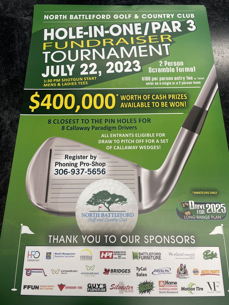 Golfers! 📣 Get yourself or your two-person team registered for our BIG Hole-In-One / Par 3 tournament coming up on July 22nd and you’ll be able to take a swing at $400,000 worth of prizes to be won!! 🤩 

Register by calling our pro shop (306)937-5656. #Golf #Saskatchewan