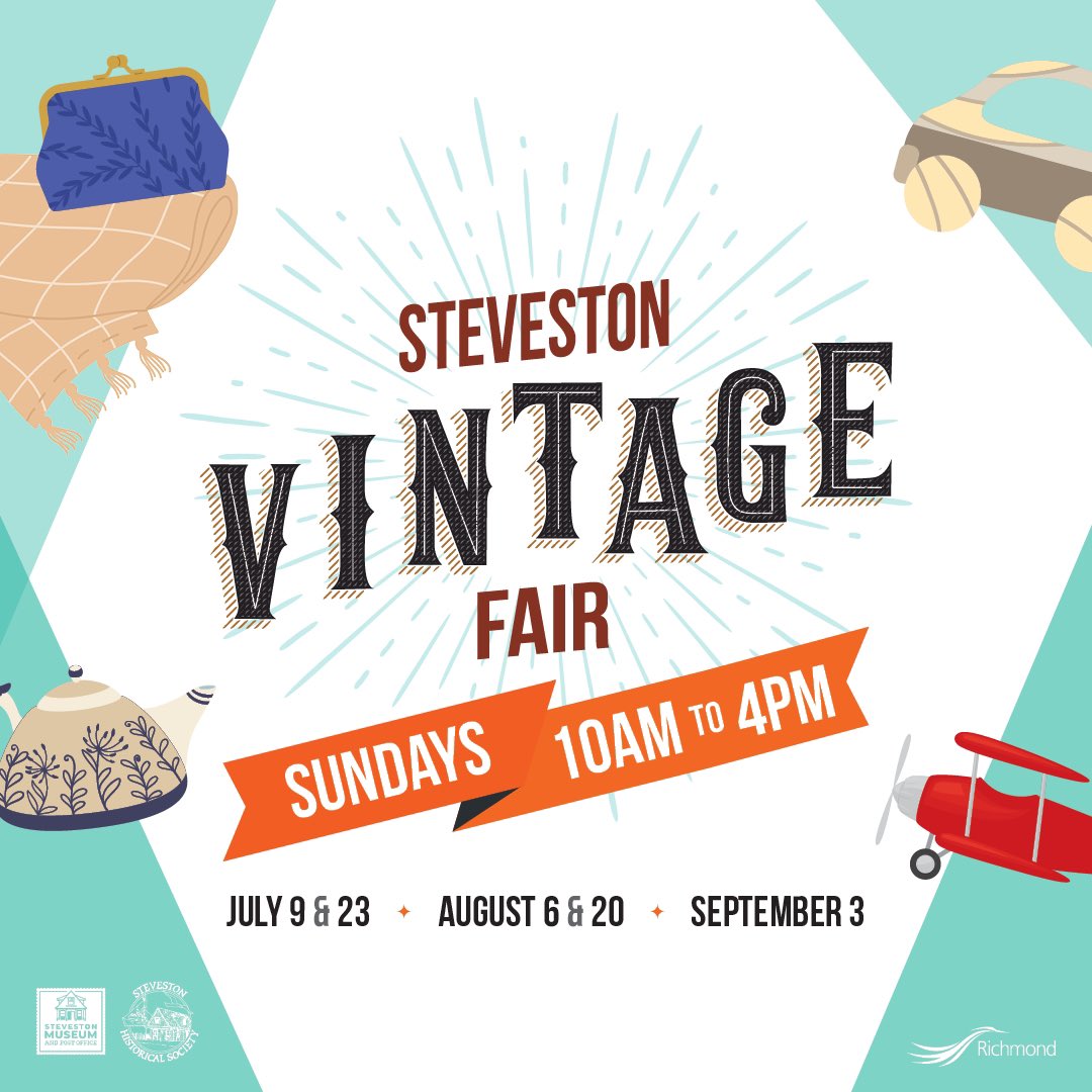 First #Steveston Vintage Fair of the season returns Sunday July 9 at Town Square Park, next to the Museum & Post Office 10am to 4pm. What treasures will you find?