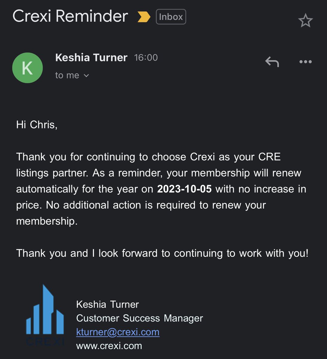 Seriously though <a href="/CREXinc/">Crexi</a> for the win here. They understand customer service and live it. 

By comparison their competitor has raised its price just over 45% on our contract over the last 3 years.