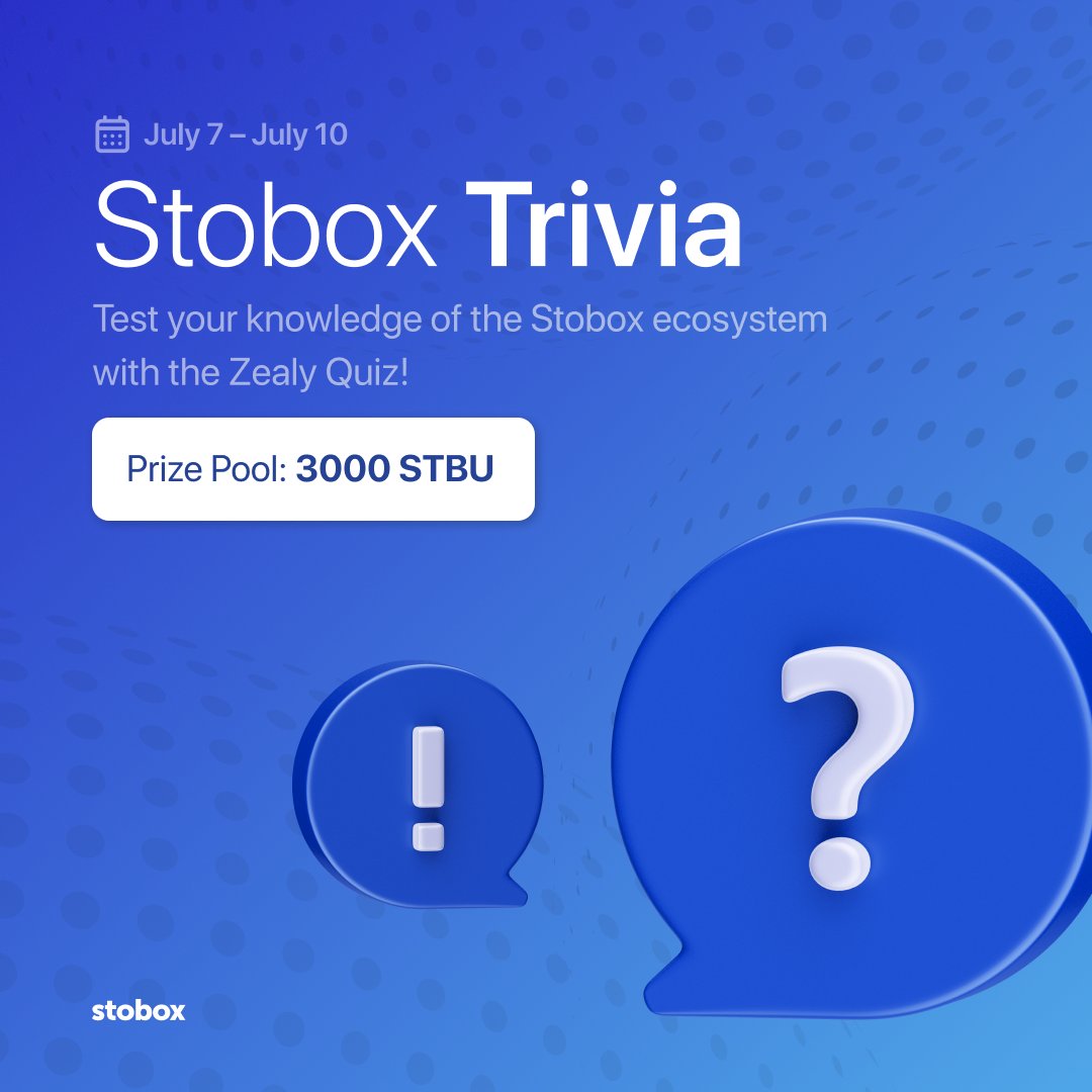 StoboxCompany's tweet photo. 🌟 Join Stobox Trivia, and test your knowledge of the #StoboxEcosystem with the Zealy Quiz! Answer all questions correctly and try your luck to win a prize.

⏰ Timeline: July 7 – July 10
🏆 Rewards: 3000 $STBU for 6 winners

👉 Join Now: https://t.co/BZhGe86wWO