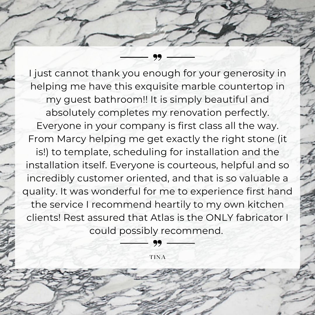 Atlas_Stone_Fab's tweet photo. We love to hear feedback from our satisfied clients! If you have an Atlas Stone project in your home or business, consider taking the time to leave us a review on Google, Yelp or on our Facebook page! Thank you to Tina for trusting Atlas Stone Fabricators with your stone project! https://t.co/NPxQVX1gRg