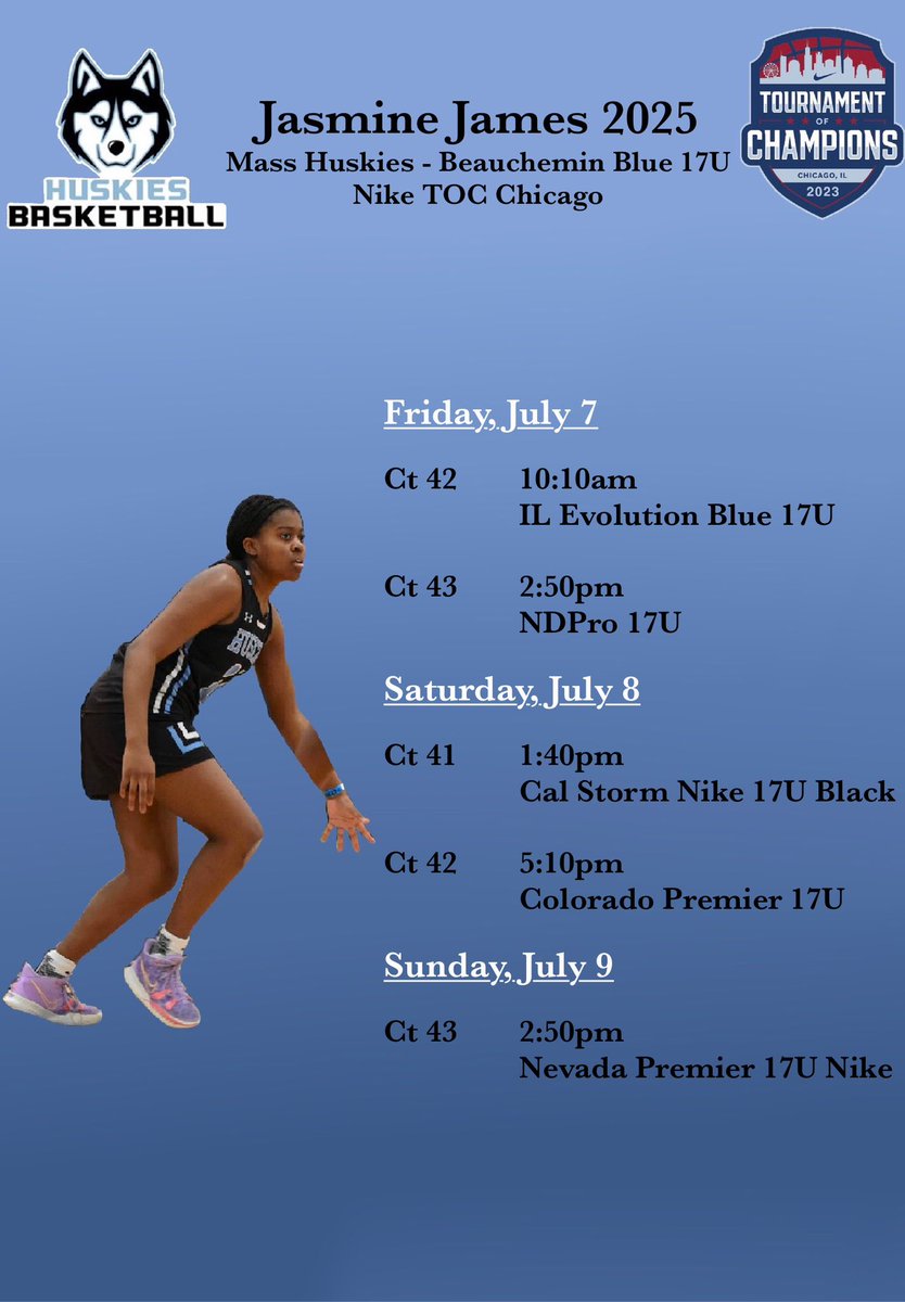 Jasmine James (@jazzj_21) on Twitter photo I am so excited to get after it in Chicago this weekend!! Here is my schedule!! <a href="/MAHuskies/">MA_Huskies</a> <a href="/DanB1222/">CoachDan</a> <a href="/ElzeyJames1/">Elzey James</a> I am so excited to get after it in Chicago this weekend!! Here is my schedule!! <a href="/MAHuskies/">MA_Huskies</a> <a href="/DanB1222/">CoachDan</a> <a href="/ElzeyJames1/">Elzey James</a>