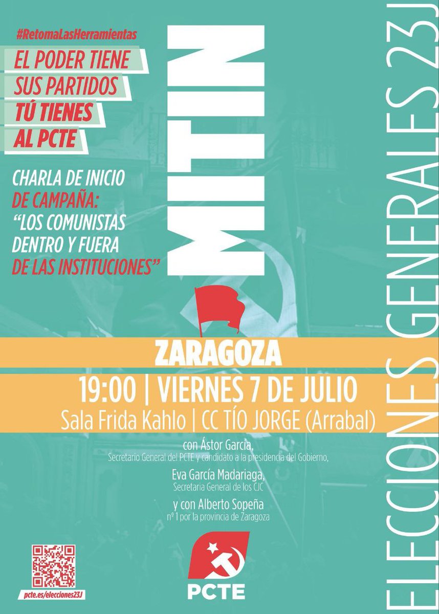 CJC_Media's tweet photo. 🔴 Este fin de semana, el @_PCTE_ celebra los primeros mítines de la campaña electoral. Estará @EvaGMadariaga, secretaria general de CJC, junto a @GarciaAstor.

📍 Zaragoza - 7 de julio 
📍Barcelona - 8 de julio
📍 León - 9 de julio https://t.co/Se9zEebu9y
