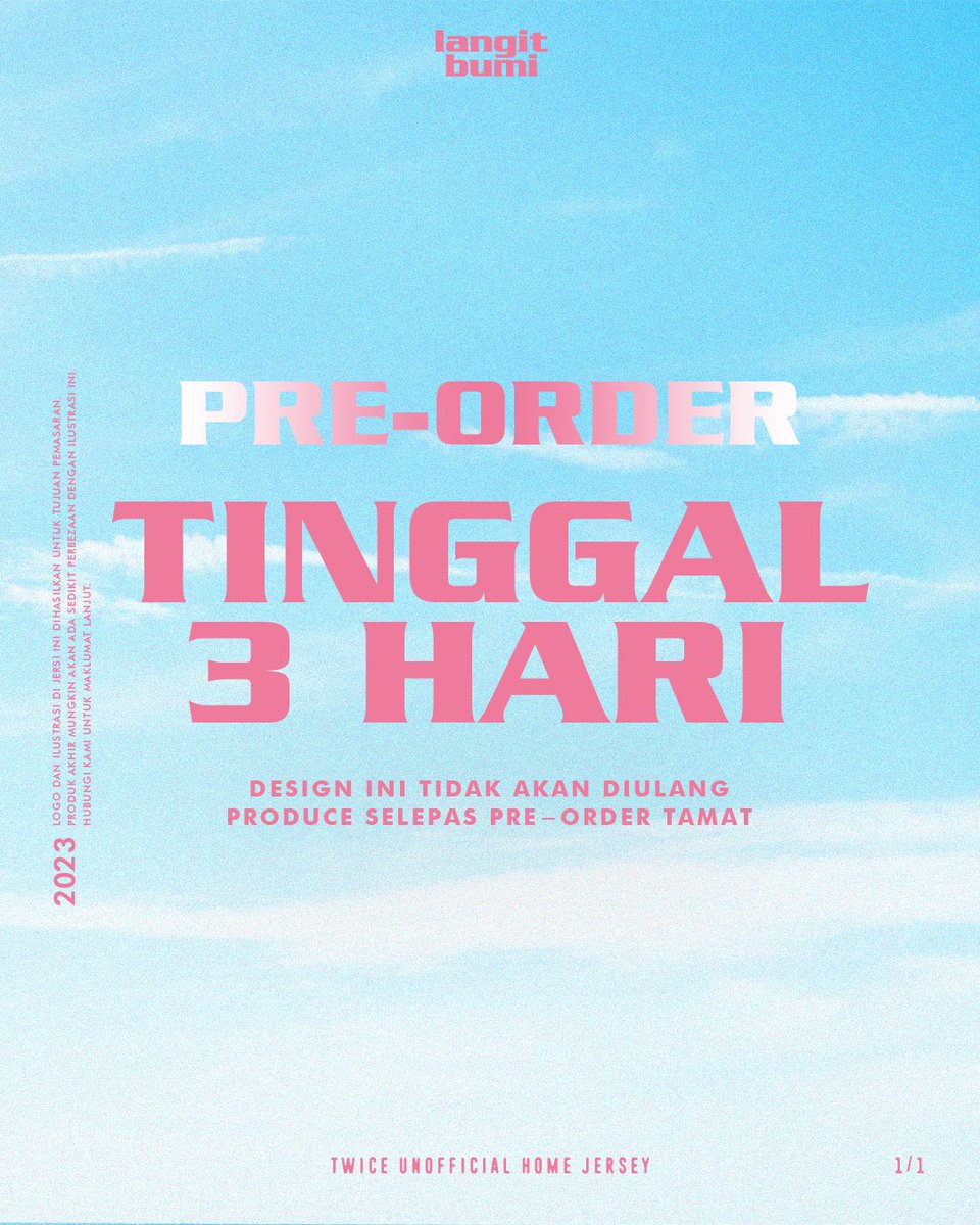 atlangitbumi's tweet photo. TWICE UNOFFICIAL HOME JERSEY

3 HARI LAGI sebelum pre-order ditutup. Klik link di bawah untuk membuat pre-order‼️

https://t.co/bl6yw8rxfU 📌
🌐 atlangitbumi
#langitbumi #footballcult #kpop #twice https://t.co/I2xZZSDO5S