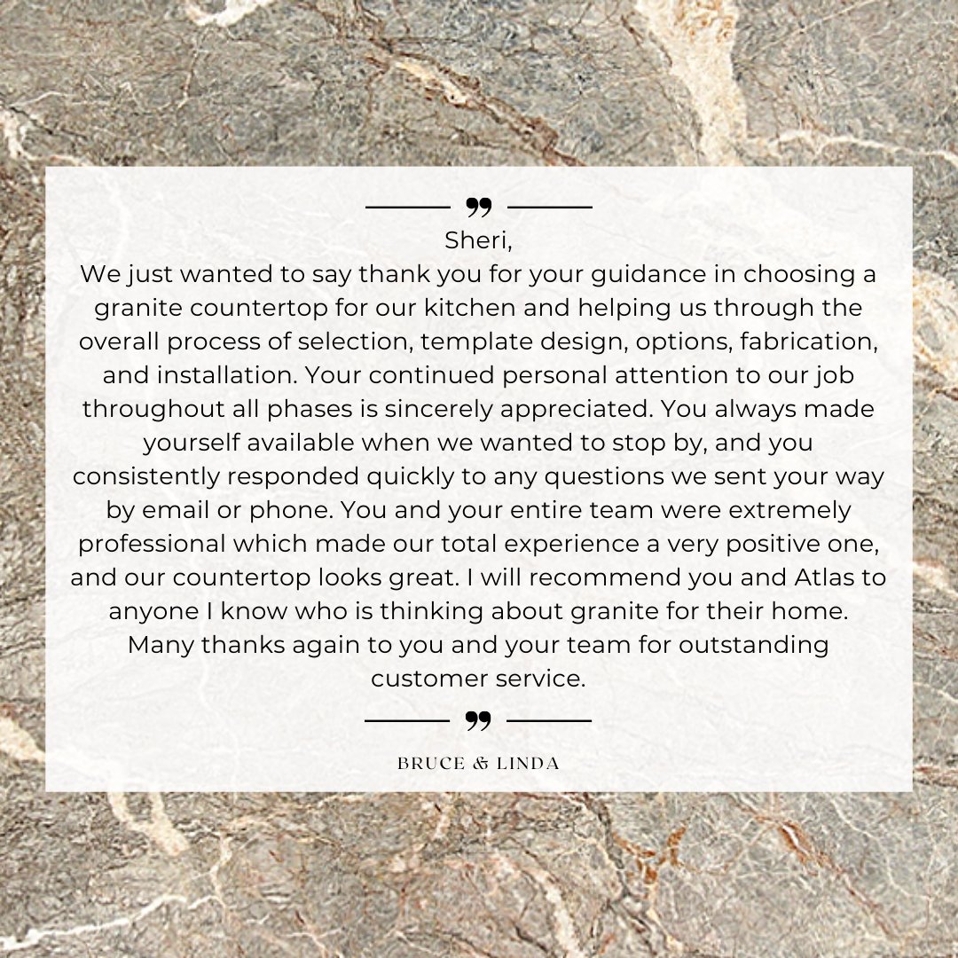 Atlas_Stone_Fab's tweet photo. We love to hear feedback from our satisfied clients! If you have an Atlas Stone project in your home or business, consider taking the time to leave us a review on Google, Yelp or on our Facebook page! Thank you to Bruce &amp; Linda for trusting us with your stone project! https://t.co/gWd2n3Wn39