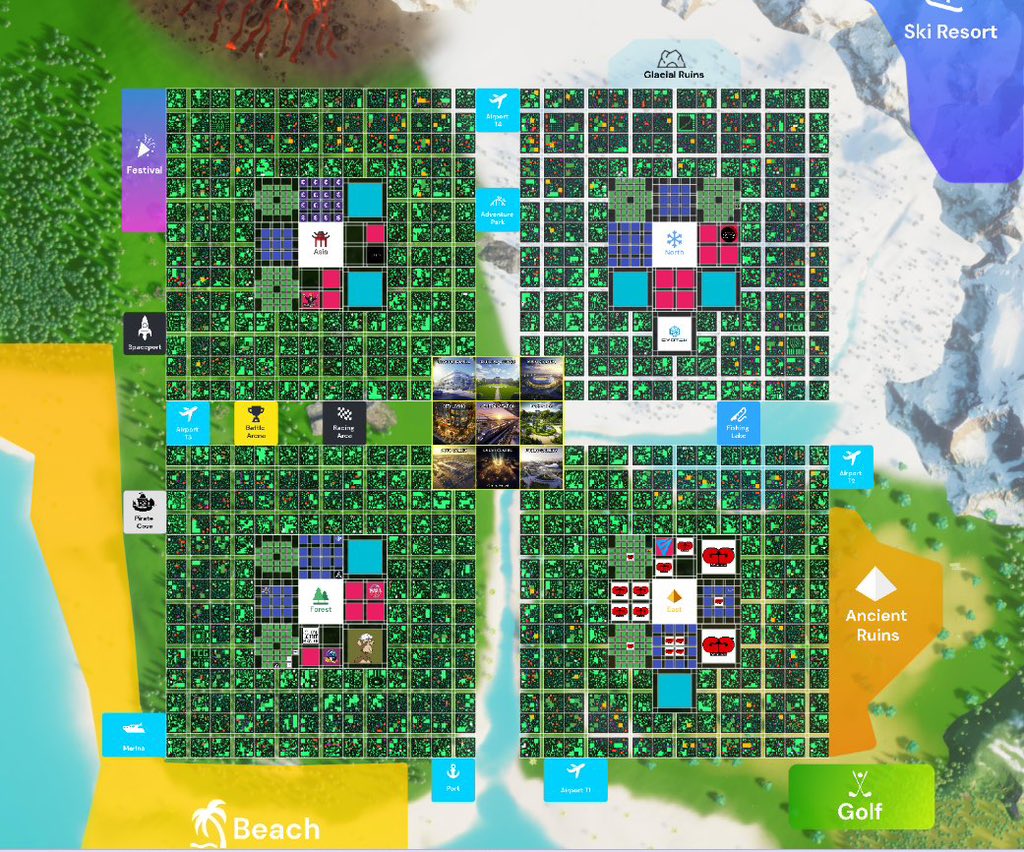 Our new map is FINALLY here 🎉

key points: 
—> Glacier Ruins in the North 
—> Spaceport in Asia

Public Gallery, Parklands, Main Stadium, Shopping Mall, Official Offices, Central Station 🤯

+ so much more!! 

#bitcoin #threadapp #gamedev