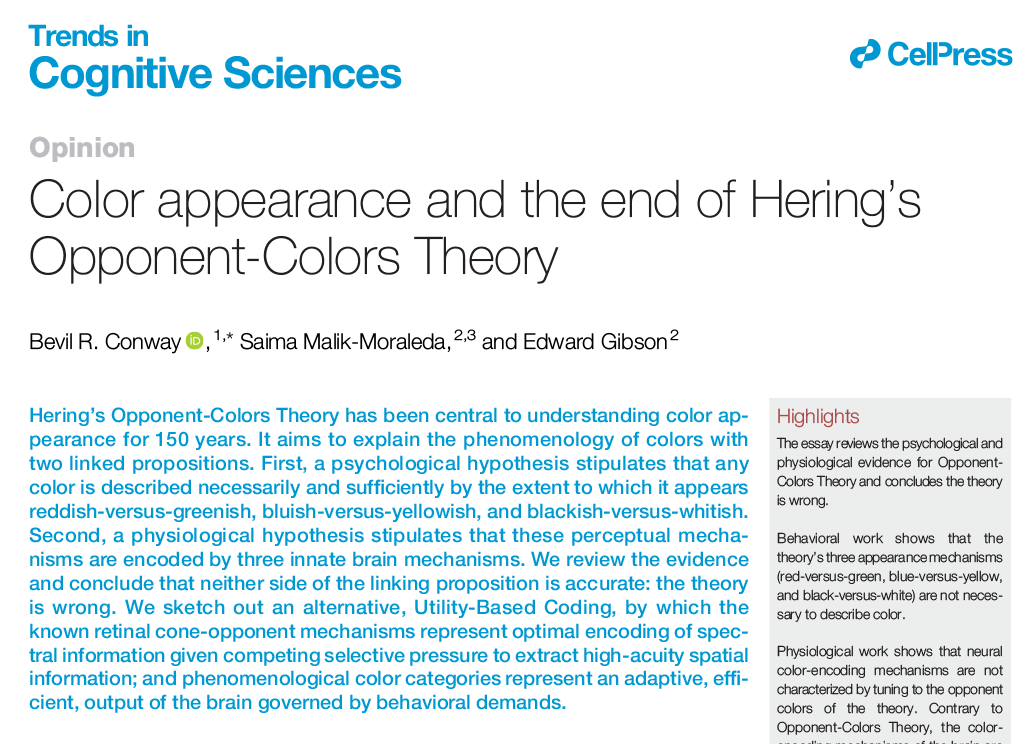 TrendsCognSci's tweet photo. Color appearance and the end of Hering’s Opponent-Colors Theory

OPINION by Bevil Conway, Saima Malik-Moraleda, &amp; Edward Gibson, @BevilConway @saima_mm @LanguageMIT

https://t.co/2gC3idhEd9 https://t.co/7JoNCkxX3i