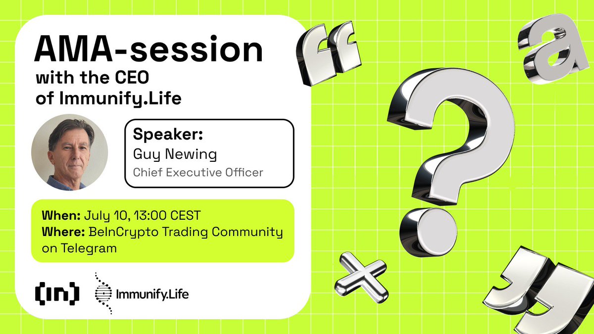 beincrypto's tweet image. Hey traders, it's AMA time!

🗓️ Monday, July 10th
⏰13:00 CEST
📍 t.me/BeInCryptoComm…
🎁3 AIRDROPS (30$ each)

 We'll host an AMA session with Guy Newing, CEO of @ImmunifyLife
#AMA #ImmunifyLife