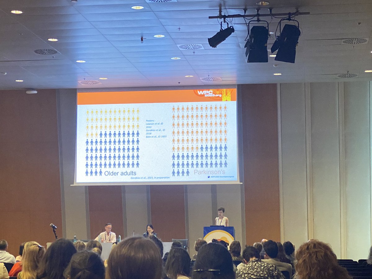 Brilliant talk from <a href="/AlisonYarnall/">Alison Yarnall</a> about ageing we’ll with #Parkinsons! Thanks for highlighting some of our work on #delirium in Parkinson’s - occurs in two thirds of hospital admissions compared to a third in controls without Parkinson’s! #thinkdelirium 

1/2