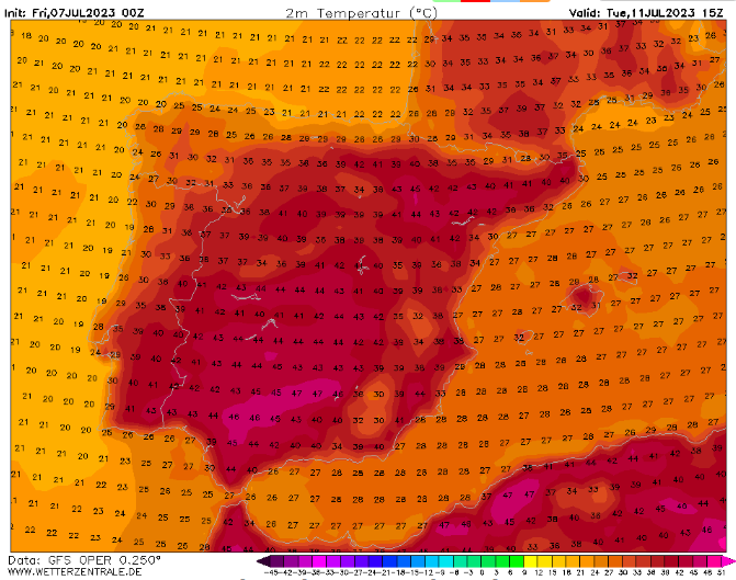 Extraordinary heat event forecast next week for Spain. Widespread 43C-45C with 47C (116.6F) in numerous places currently being forecast. Records will fall. The heat will approach Spain's all-time record of 47.4C set in 2021. Brutal, deadly heat