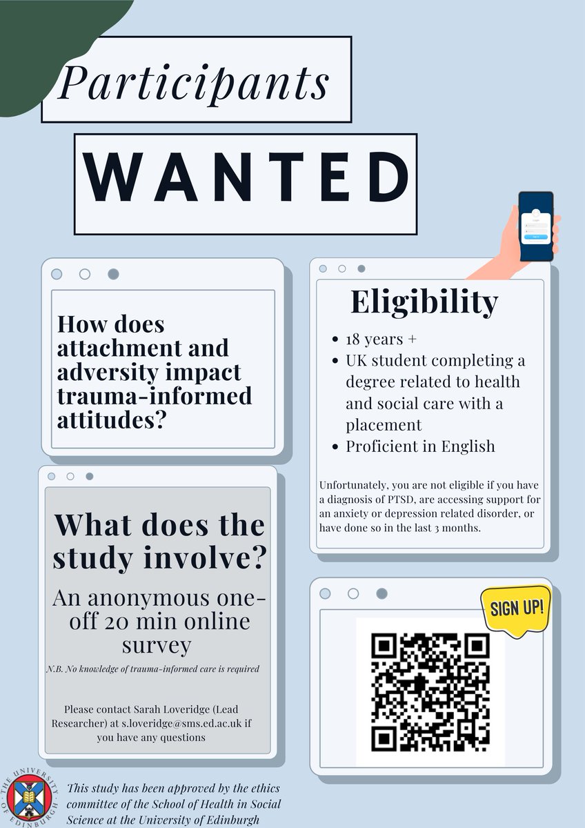 PARTICIPANTS WANTED
📣 UK students completing a degree related to health and social care please consider taking part and/or sharing.
🎓 Eligible students: psych, OT, physio, dentistry, nursing, medical, SLT, SW, etc.
💻 One-off anonymous online survey   
✔️ Ethical approval