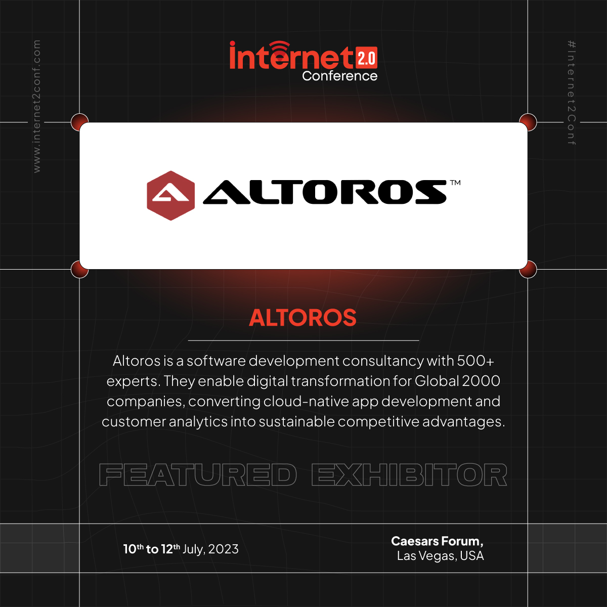 Announcing <a href="/Altoros/">Altoros</a> as #exhibitor at #Internet2ConfAltoros is a software development consultancy with 500+ experts. They enable digital transformation for Global 2000 companies, converting cloud-native app development and customer analytics into sustainable competitive advantages