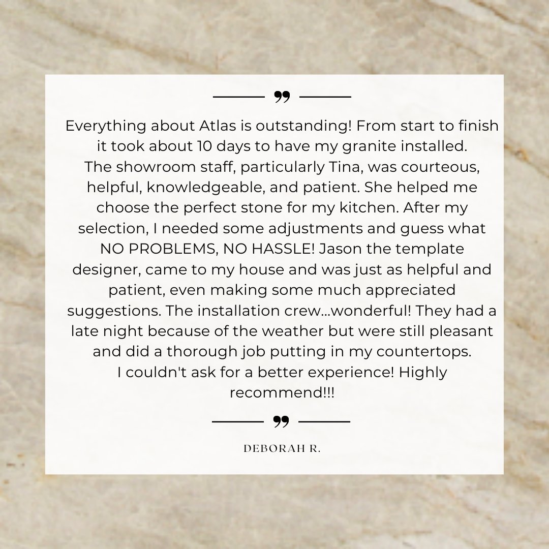 Atlas_Stone_Fab's tweet photo. We love to hear feedback from our satisfied clients! If you have an Atlas Stone project in your home or business, consider taking the time to leave us a review on Google, Yelp, or on our Facebook page! Thank you to Deborah for trusting us with your stone project! https://t.co/m1ZmEa7FCk