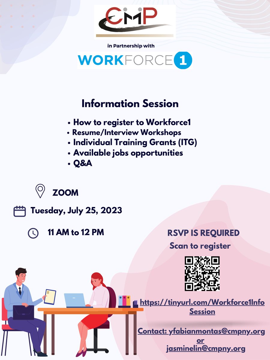 CMPNewYork's tweet photo. We will be hosting a Workforce1 Information Session on 7/25, 11am to 12pm, to share with job seekers:
-How to register to Workforce1
-Resume/Interview Workshops
-Individual Training Grants (ITG)
-Available jobs opportunities
RSVP here: https://t.co/Cx65jElp0p
#Workforce1 #jobs https://t.co/8TsXXp2jWP
